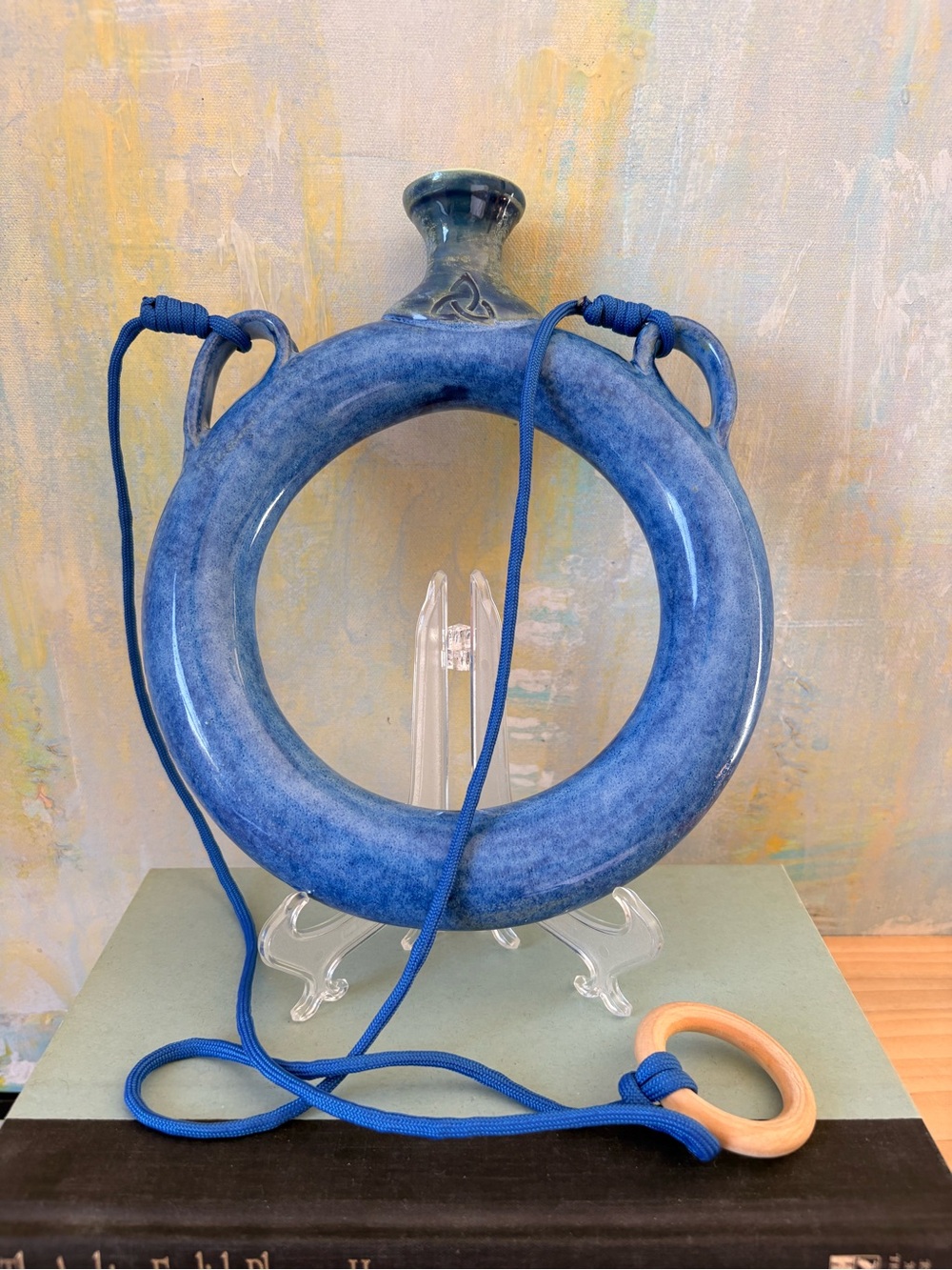 Vintage Blue Ceramic Ring Wall Vase with Rope Accent